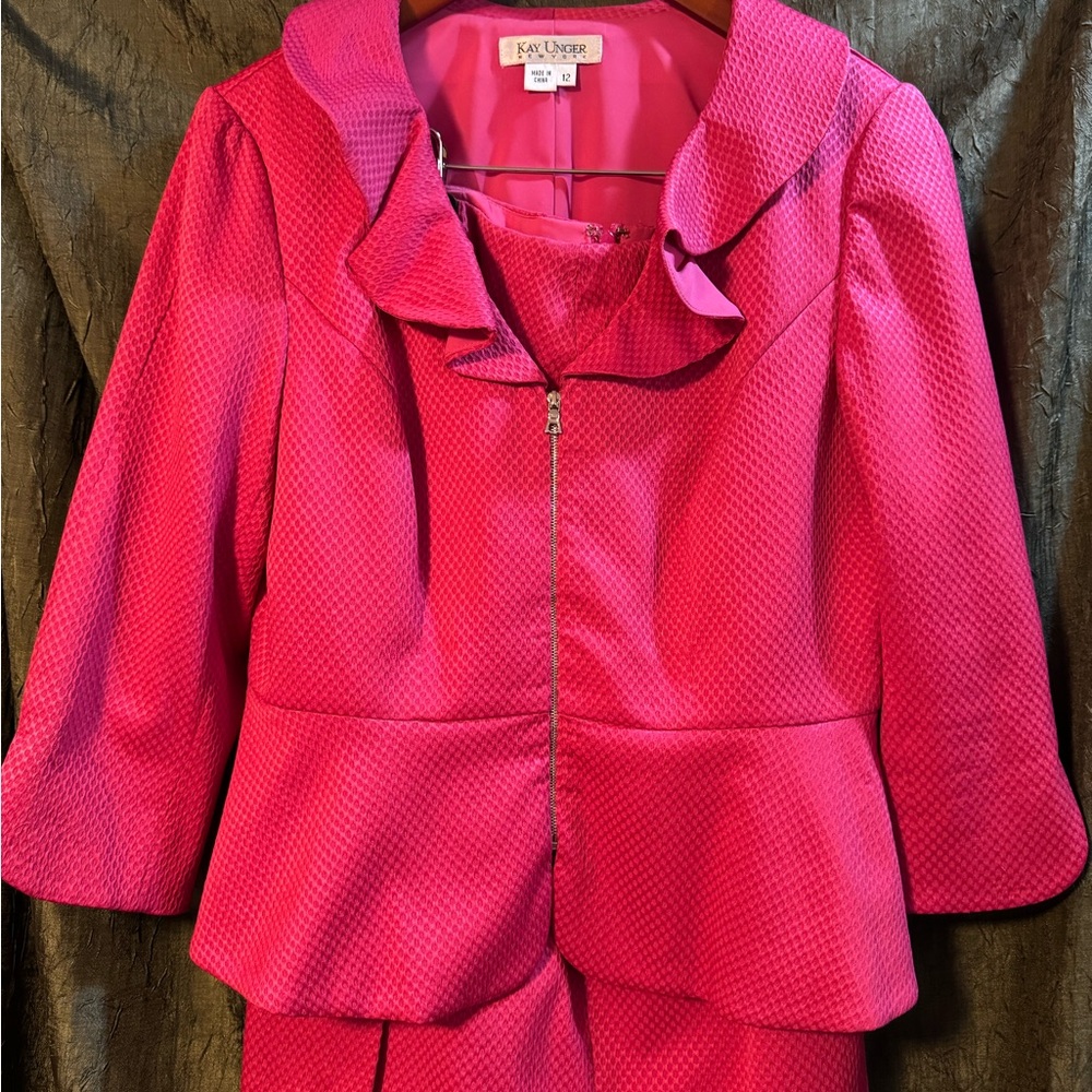 Kay Unger Fuchsia Ruffled Collar Zip-Front Peplum Jacket